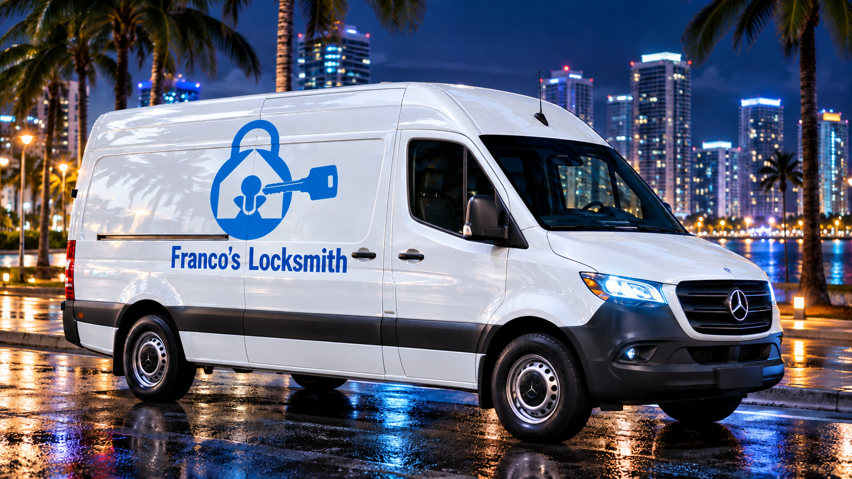 Illustrative concept of a white Franco’s Locksmith branded Mercedes Sprinter on a Miami street at night